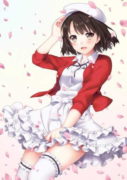 Anime picture 986x1392 with saenai heroine no sodatekata a-1 pictures katou megumi miya (bluesky 121) single tall image blush fringe short hair open mouth simple background brown hair standing brown eyes wind happy frilled dress yellow background girl thighhighs