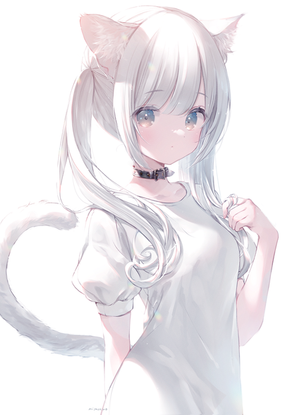 Anime picture 1160x1640 with original m ydayo single long hair tall image looking at viewer blush fringe breasts simple background standing white background twintails animal ears payot silver hair upper body tail blunt bangs animal tail