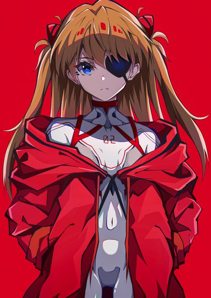 Anime picture 2508x3541 with neon genesis evangelion rebuild of evangelion evangelion: 3.0+1.0 thrice upon a time gainax soryu asuka langley shikinami asuka langley pension z single long hair tall image looking at viewer fringe highres blue eyes simple background hair between eyes standing orange hair two side up red background