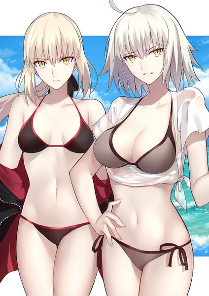 Anime picture 992x1403 with fate (series) fate/grand order artoria pendragon (all) jeanne d'arc (fate) (all) jeanne d'arc alter (fate) saber alter shiguru long hair tall image looking at viewer fringe short hair breasts light erotic blonde hair smile hair between eyes large breasts standing bare shoulders