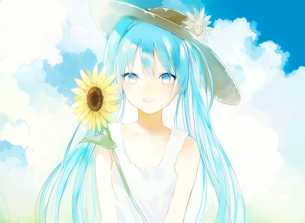 Anime picture 1000x734 with vocaloid hatsune miku lpip single long hair looking at viewer fringe blue eyes smile twintails bare shoulders blue hair sky cloud (clouds) sunlight girl dress flower (flowers) hat sundress