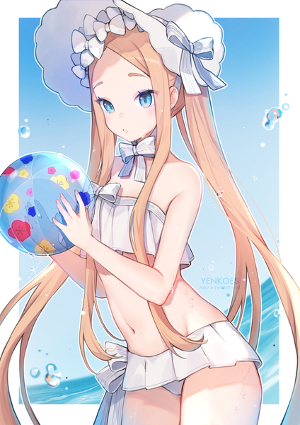 Anime picture 1000x1415 with fate (series) fate/grand order abigail williams (fate) abigail williams (swimsuit foreigner) (fate) yenkoes single tall image blue eyes blonde hair twintails holding signed looking away very long hair :o groin border outside border girl navel
