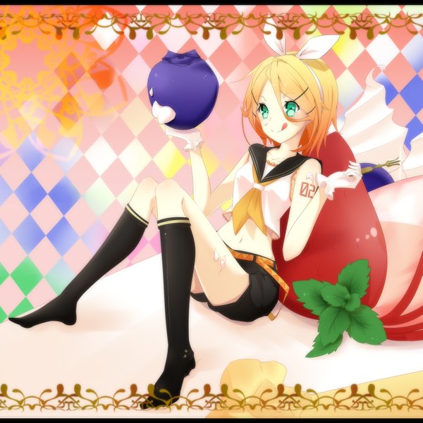 Anime picture 2893x2893 with vocaloid kagamine rin koyaya (sorano) single highres short hair blonde hair smile sitting green eyes tattoo no shoes checkered background food on face girl gloves navel hair ornament socks food
