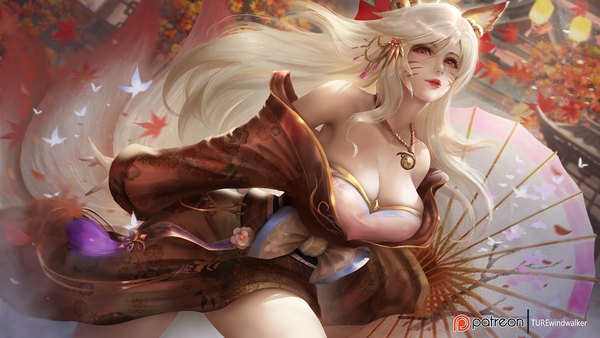 Anime picture 1500x844 with league of legends ahri (league of legends) turewindwalker single long hair looking at viewer blush fringe breasts light erotic hair between eyes wide image large breasts brown eyes signed animal ears cleavage silver hair outdoors tail