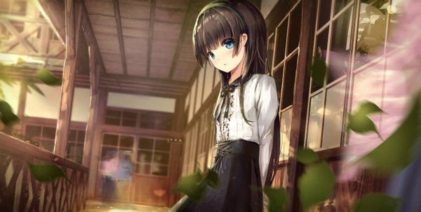 Anime picture 1682x851 with original missle228 single long hair blush blue eyes black hair wide image looking away girl dress leaf (leaves) headband