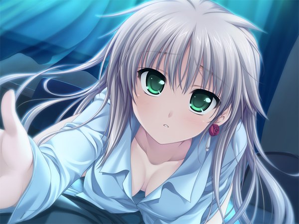 Anime picture 1024x768 with w. l. o. sekai ren'ai kikou arisa crain femiluna long hair breasts light erotic green eyes game cg grey hair girl