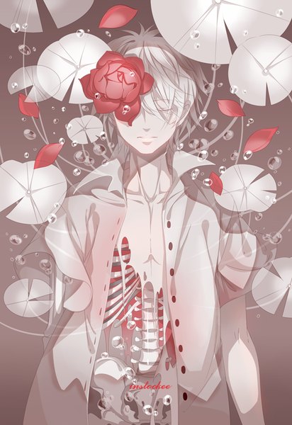 Anime picture 550x800 with original instockee single tall image fringe short hair white hair eyes closed open clothes open shirt skeleton dissolving boy flower (flowers) shirt petals bubble (bubbles)
