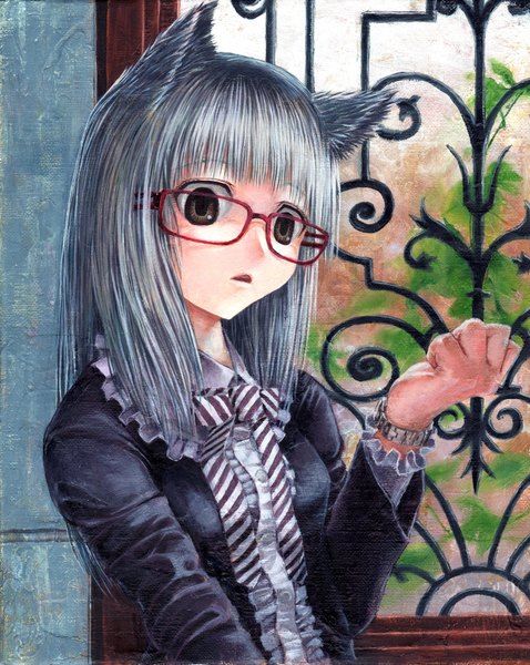 Anime picture 1594x1999 with original kabaji single tall image fringe short hair brown eyes silver hair upper body cat girl girl glasses window clock wristwatch