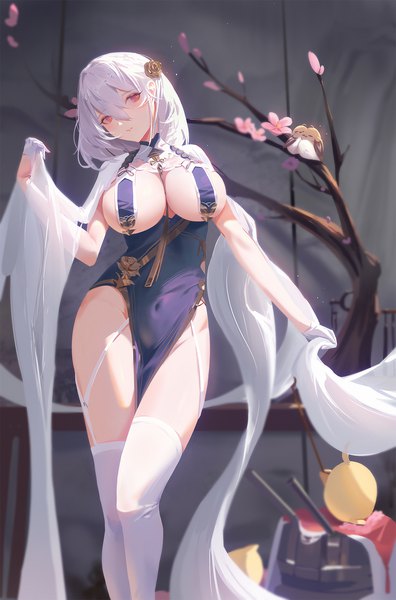 Anime picture 1200x1816 with azur lane manjuu (azur lane) sirius (azur lane) sirius (azure horizons) (azur lane) dongfangzhong111 single tall image looking at viewer blush fringe short hair breasts light erotic hair between eyes red eyes large breasts standing silver hair traditional clothes head tilt