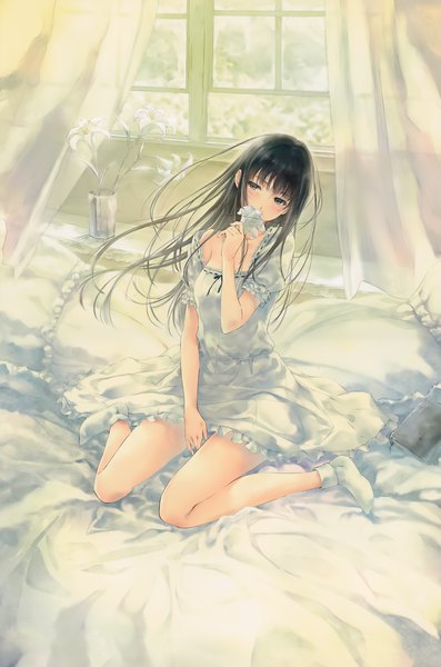 Anime-Bild 2651x4000 mit flowers (innocent grey) innocent grey shirahane suou sugina miki single long hair tall image blush highres black hair sitting full body bent knee (knees) black eyes scan official art wariza girl dress flower (flowers)