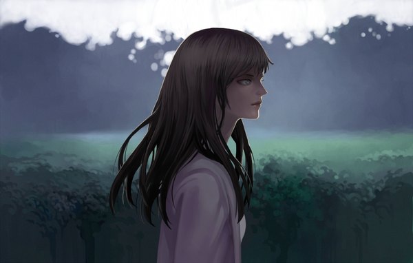 Anime picture 2000x1276 with shroedinger (artist) single long hair highres blue eyes black hair looking away profile girl plant (plants) tree (trees)