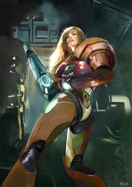 Anime picture 877x1240 with metroid samus aran jace-wallace single long hair tall image looking at viewer fringe blonde hair lips from below glowing arm cannon girl weapon armor helmet mecha varia suit