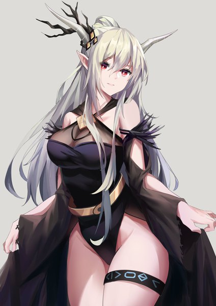 Anime picture 2480x3508 with arknights shining (arknights) shining (silent night) (arknights) madao single long hair tall image looking at viewer fringe highres breasts light erotic simple background hair between eyes red eyes standing bare shoulders payot silver hair ponytail