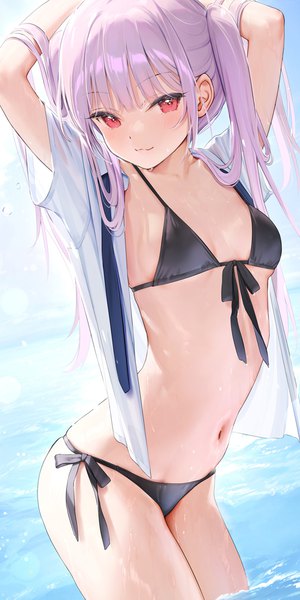 Anime picture 550x1100 with original mignon single long hair tall image looking at viewer blush fringe breasts light erotic red eyes standing twintails pink hair outdoors blunt bangs light smile arms up wet open shirt