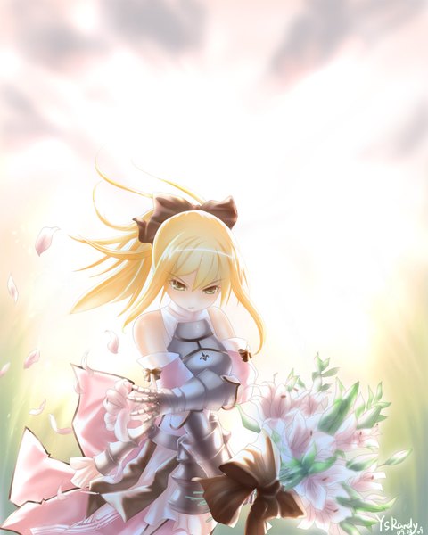 Anime picture 1440x1800 with fate (series) fate/unlimited codes type-moon artoria pendragon (all) saber saber lily single long hair tall image fringe blonde hair yellow eyes ponytail sunlight sleeveless girl gloves flower (flowers) bow hair bow