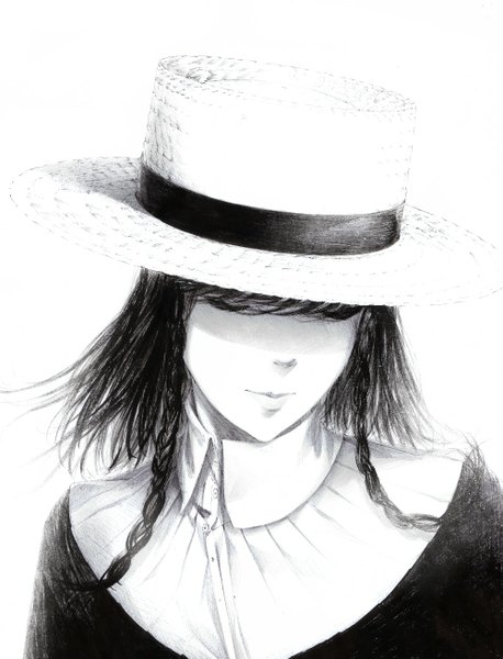Anime picture 1000x1311 with original sousou (sousouworks) single tall image fringe short hair black hair simple background white background braid (braids) eyes closed twin braids monochrome girl hat headdress straw hat