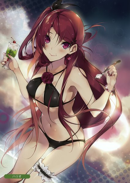 Anime picture 2478x3500 with melonbooks hario 4 single tall image looking at viewer blush fringe highres breasts open mouth light erotic smile hair between eyes red eyes standing holding payot sky cloud (clouds) red hair