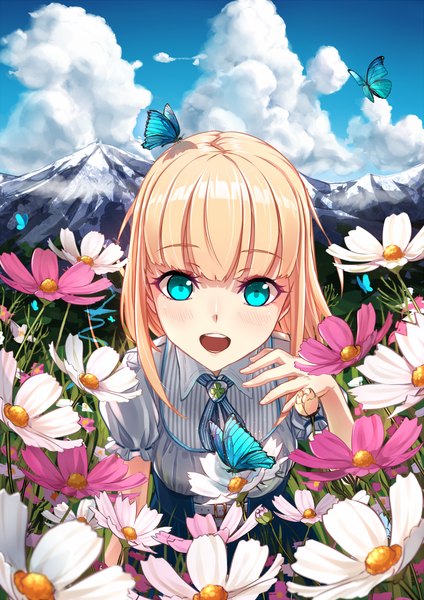 Anime picture 848x1200 with original phantania single long hair tall image looking at viewer blush open mouth blonde hair cloud (clouds) aqua hair mountain girl skirt flower (flowers) plant (plants) insect butterfly grass cosmos (flower)