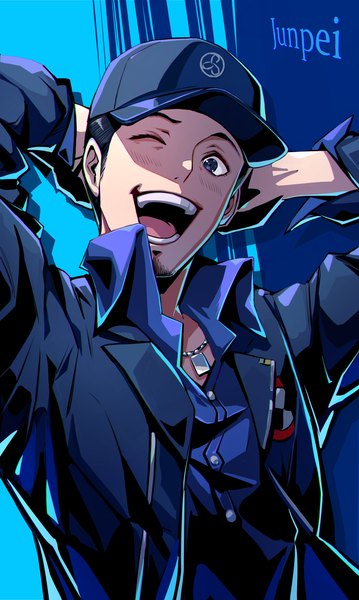 Anime picture 2750x4592 with persona 3 persona 3 reload persona iori junpei kumo33 single tall image looking at viewer highres short hair open mouth blue eyes black hair upper body one eye closed teeth character names arms behind head ;d boy
