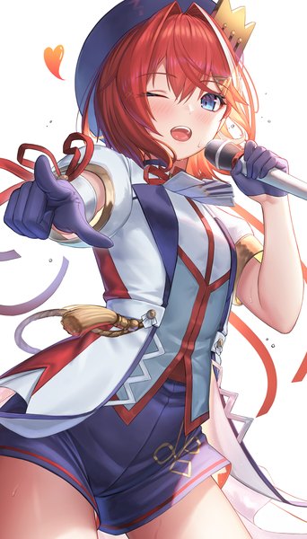 Anime picture 800x1403 with virtual youtuber nijisanji ange katrina suraimu (suraimuraimu) single tall image looking at viewer blush fringe short hair open mouth blue eyes simple background hair between eyes white background red hair one eye closed sweat official alternate costume ;d
