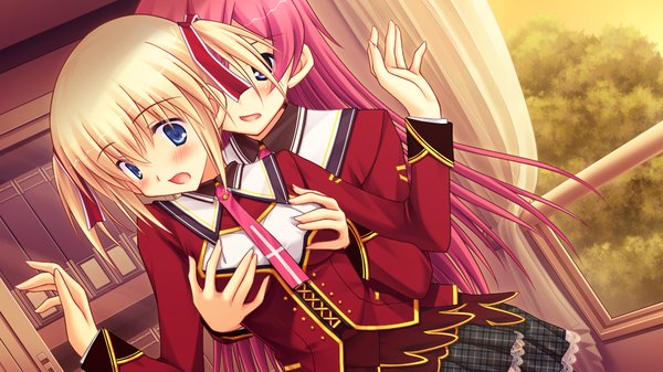 Anime picture 1280x720 with himitsu no otome long hair blush short hair open mouth blue eyes blonde hair wide image twintails pink hair game cg loli short twintails otoko no ko girl boy uniform ribbon (ribbons) hair ribbon school uniform