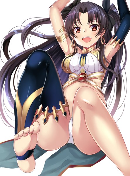 Anime picture 700x944 with fate (series) fate/grand order ishtar (fate) harimoji single long hair tall image looking at viewer blush fringe open mouth light erotic black hair simple background smile red eyes white background sitting bent knee (knees) ass