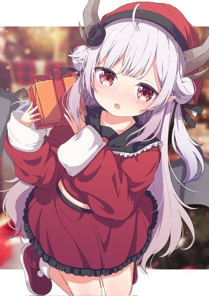 Anime picture 1451x2048 with virtual youtuber indie virtual youtuber kamuri amuru okota mikan single long hair tall image looking at viewer fringe open mouth red eyes payot silver hair ahoge bent knee (knees) blunt bangs long sleeves hair flower horn (horns) pointy ears