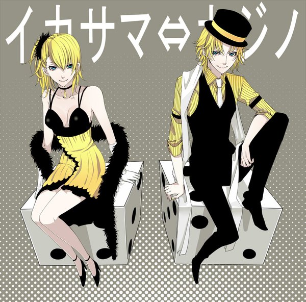 Anime picture 1000x986 with vocaloid ikasama casino (vocaloid) kagamine rin kagamine len jin.x looking at viewer fringe short hair blue eyes blonde hair smile hair between eyes sitting full body grey background one side up siblings twins brother and sister girl