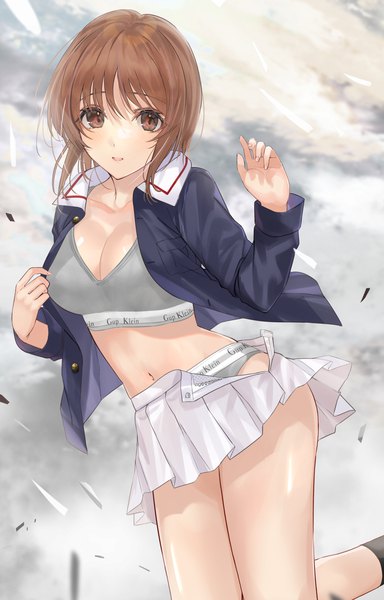 Anime picture 1116x1744 with girls und panzer calvin klein nishizumi miho mexif single tall image looking at viewer short hair breasts light erotic brown hair large breasts brown eyes pleated skirt open clothes open skirt brand name imitation girl skirt navel