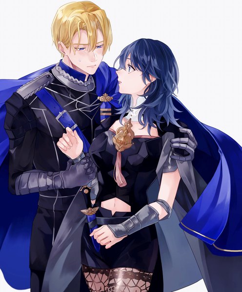 Anime picture 1693x2047 with fire emblem fire emblem: three houses nintendo byleth (fire emblem) dimitri alexandre blaiddyd byleth (female) (fire emblem) hamut nl tall image blush fringe short hair blue eyes simple background blonde hair hair between eyes standing white background blue hair looking away parted lips