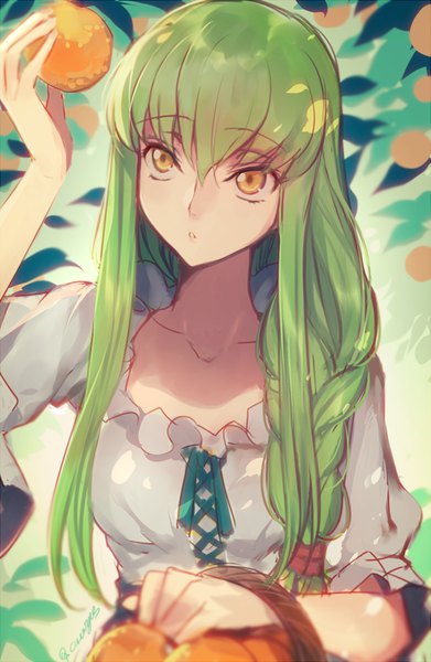 Anime picture 600x920 with code geass sunrise (studio) c.c. creayus single long hair tall image fringe hair between eyes holding signed yellow eyes upper body braid (braids) green hair :o wavy hair eyebrows girl dress