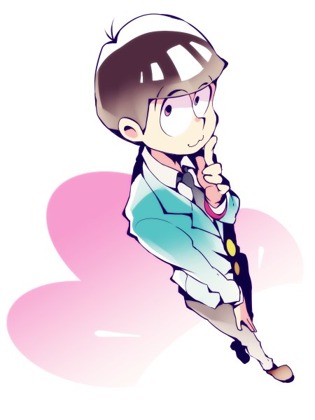 Anime picture 900x1200 with osomatsu-san matsuno todomatsu dossei single tall image looking at viewer short hair simple background brown hair white background full body ahoge pink eyes from above finger to mouth :3 formal boy