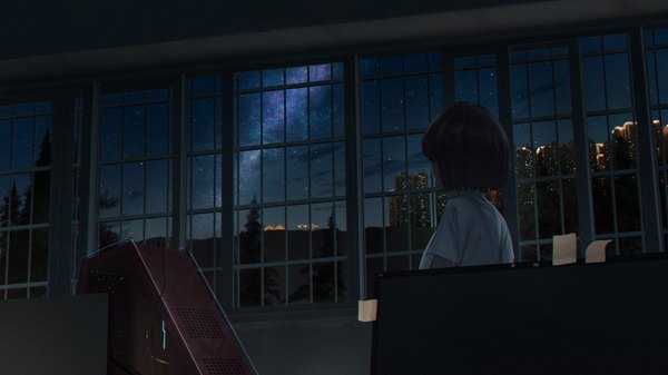 Anime picture 1998x1124 with original bottle7 single highres short hair black hair wide image sitting sky upper body indoors from behind night short sleeves night sky city cityscape girl plant (plants) shirt