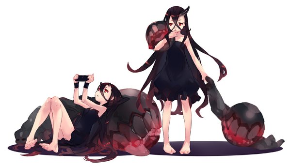 Anime picture 1000x576 with kantai collection battleship-symbiotic hime battleship water oni dakuro long hair open mouth black hair simple background hair between eyes red eyes wide image standing white background bare shoulders multiple girls holding bent knee (knees) parted lips barefoot horn (horns)