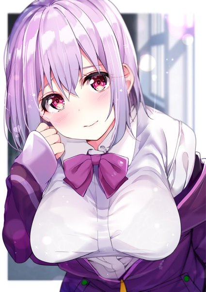 Anime picture 1534x2165 with gridman universe ssss.gridman studio trigger shinjou akane rouka (akatyann) single tall image looking at viewer blush fringe short hair breasts light erotic hair between eyes large breasts standing purple hair upper body head tilt pink eyes