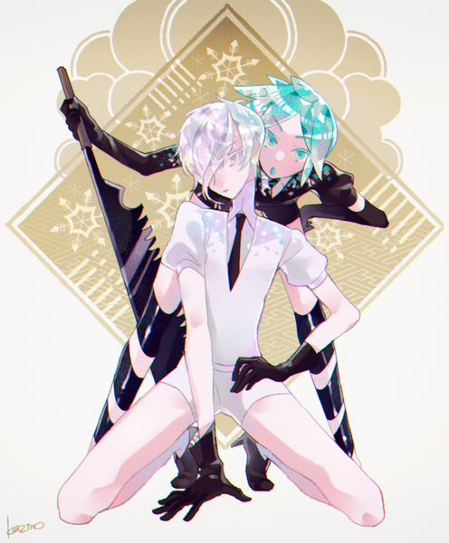 Anime picture 810x980 with houseki no kuni phosphophyllite antarcticite kajino tall image looking at viewer fringe short hair signed silver hair aqua eyes hair over one eye aqua hair leaning leaning forward puffy sleeves hand on hip kneeling silver eyes androgynous