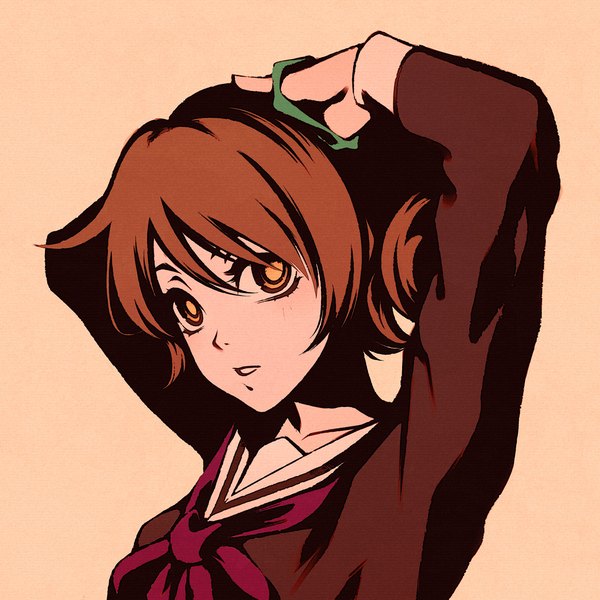 Anime picture 1080x1080 with hibike! euphonium kyoto animation oumae kumiko moshimoshibe single looking at viewer fringe short hair simple background hair between eyes brown hair yellow eyes upper body parted lips arms up adjusting hair orange background tying hair high contrast girl