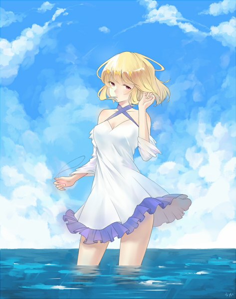 Anime picture 850x1078 with mobile suit gundam gundam seed destiny sunrise (studio) stellar loussier uka (artist) single tall image short hair blonde hair bare shoulders signed looking away sky cloud (clouds) pink eyes girl dress sea pendant