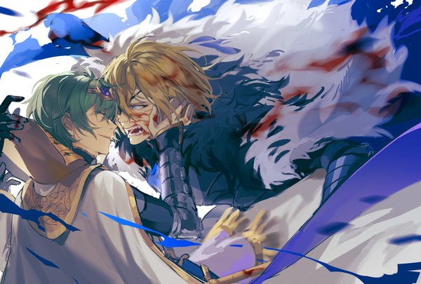 Anime picture 1748x1181 with fire emblem fire emblem: three houses nintendo byleth (fire emblem) dimitri alexandre blaiddyd byleth (male) (fire emblem) enlightened byleth (male) shoumo725 fringe highres short hair open mouth blue eyes blonde hair smile hair between eyes green eyes green hair multiple boys fang (fangs)