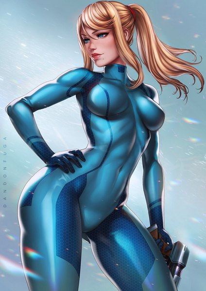 Anime picture 630x891 with metroid samus aran dandon fuga single long hair tall image fringe breasts blue eyes light erotic blonde hair standing looking away ponytail lips realistic mole hand on hip lipstick red lipstick