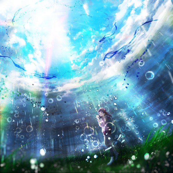 Anime picture 2560x2560 with tenki no ko amano hina (tenki no ko) y y (ysk ygc) single long hair highres blue eyes brown hair standing twintails holding looking away sky cloud (clouds) outdoors sunlight depth of field lens flare rain scenic