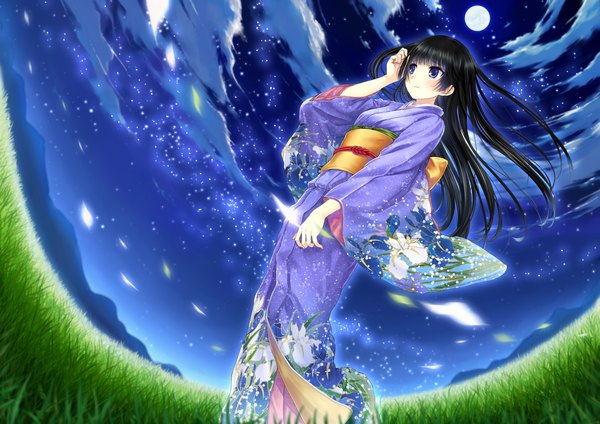 Anime picture 1736x1228 with ayame no machi to ohimesama kazuharu kina single long hair blush highres blue eyes black hair game cg traditional clothes japanese clothes night girl plant (plants) kimono moon obi grass