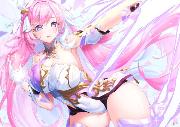 Anime picture 2000x1414 with honkai impact 3rd honkai (series) elysia (honkai impact) elysia (herrscher of human:ego) (honkai impact) xfate single long hair blush fringe highres breasts open mouth light erotic simple background large breasts white background purple eyes bare shoulders looking away pink hair