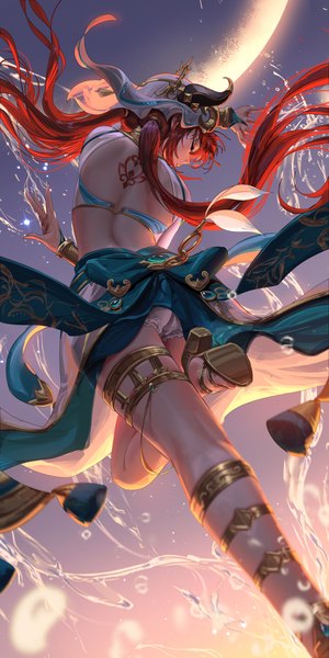 Anime-Bild 2000x4000 mit genshin impact nilou (genshin impact) liang xing single long hair tall image fringe highres light erotic standing twintails bent knee (knees) red hair eyes closed horn (horns) from behind realistic from below tattoo high heels