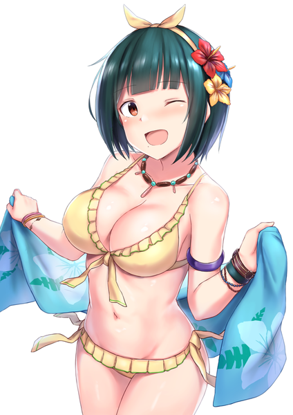 Anime picture 819x1158 with idolmaster otonashi kotori cai geng single tall image looking at viewer blush fringe short hair breasts open mouth light erotic large breasts standing bare shoulders brown eyes cleavage blunt bangs one eye closed hair flower