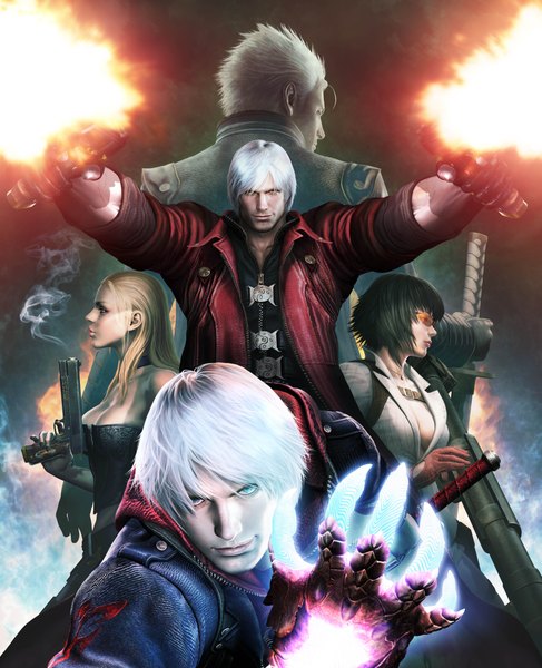 Anime picture 3843x4727 with devil may cry dante (devil may cry) nero (devil may cry) vergil lady (devil may cry) trish long hair tall image looking at viewer fringe highres short hair breasts black hair blonde hair smile bare shoulders holding absurdres silver hair