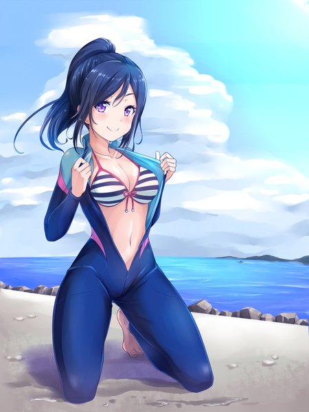 Anime picture 1200x1600 with love live! sunshine!! sunrise (studio) love live! matsuura kanan kanabun single long hair tall image looking at viewer blush breasts light erotic smile purple eyes payot blue hair sky cloud (clouds) ponytail barefoot