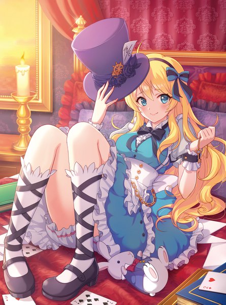 Anime picture 1100x1483 with alice in wonderland alice (alice in wonderland) mizu no single long hair tall image looking at viewer blush blue eyes blonde hair smile girl dress bow hair bow hat socks frills pillow bed