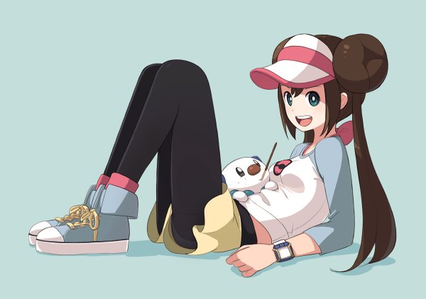 Anime picture 1200x845 with pokemon nintendo rosa (pokemon) oshawott kokudou juunigou single long hair looking at viewer blush open mouth blue eyes simple background smile brown hair twintails teeth shadow hair bun (hair buns) mouth hold eating