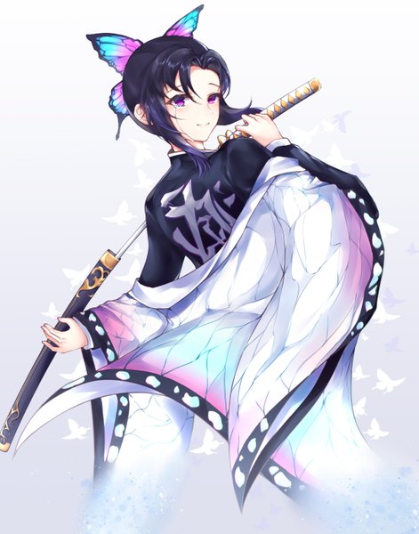 Anime picture 1100x1400 with kimetsu no yaiba ufotable kochou shinobu qiye jiexian single tall image looking at viewer short hair black hair simple background smile purple eyes payot traditional clothes japanese clothes light smile off shoulder tears clothes writing unsheathing